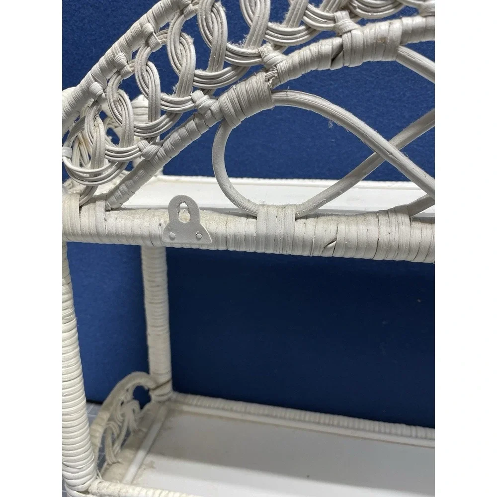 VTG White ~Wicker Rattan Shelf~ Boho 2 Tiered Standing/Wall Hanging Cottagecore